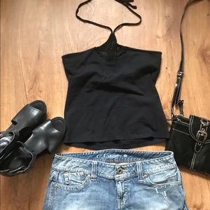 Moda International Black Bra Top with Crochet Detail and Ties Medium